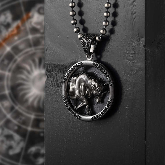 Zyan Gems | Unique Taurus Zodiac Designed Pendant Studded with Black Zircons | Unisex  Sterling Silver Oxidized Pendant