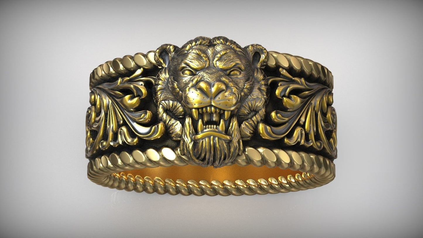 Zyan Gems | Unique Designed Solid 3D Tiger Face Band Ring |  Sterling Silver Oxidized Ring
