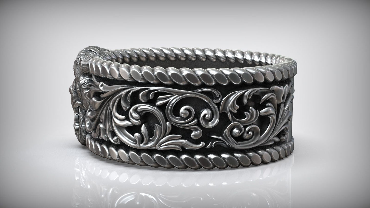 Zyan Gems | Unique Designed Solid 3D Tiger Face Band Ring |  Sterling Silver Oxidized Ring