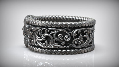 Zyan Gems | Unique Designed Solid 3D Tiger Face Band Ring |  Sterling Silver Oxidized Ring