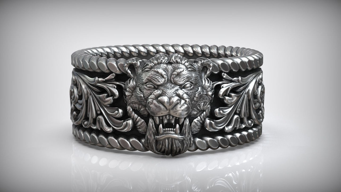Zyan Gems | Unique Designed Solid 3D Tiger Face Band Ring |  Sterling Silver Oxidized Ring