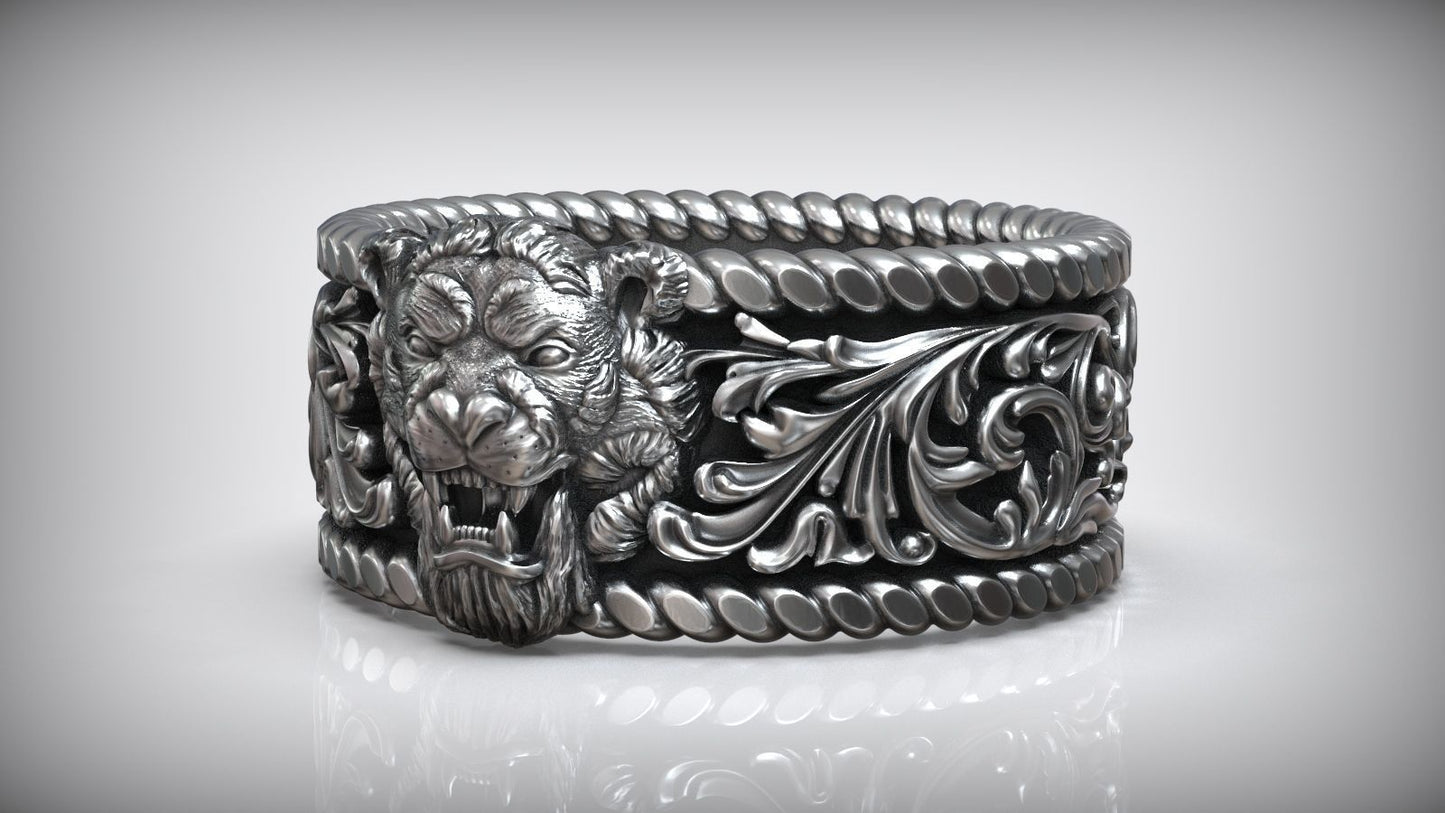 Zyan Gems | Unique Designed Solid 3D Tiger Face Band Ring |  Sterling Silver Oxidized Ring