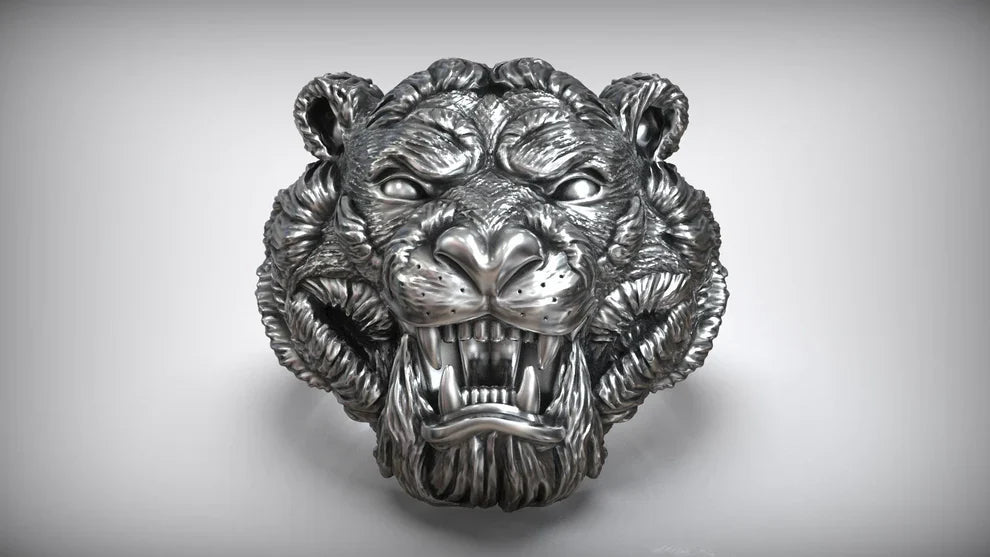 Zyan Gems | Unique Designed Solid Ferocious 3D Tiger Face Ring |  Sterling Silver Oxidized Ring