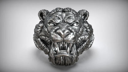 Zyan Gems | Unique Designed Solid Ferocious 3D Tiger Face Ring |  Sterling Silver Oxidized Ring