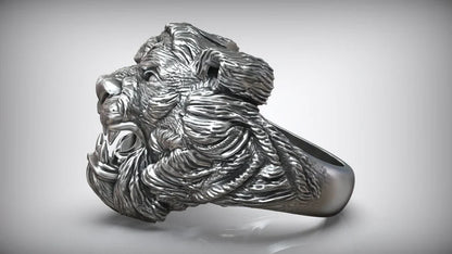 Zyan Gems | Unique Designed Solid Ferocious 3D Tiger Face Ring |  Sterling Silver Oxidized Ring