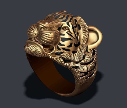 Zyan Gems | Unique Designed Tiger Face Ring |  Gold Micron Plated  Sterling Silver Oxidized Ring