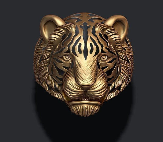 Zyan Gems | Unique Designed Tiger Face Ring |  Gold Micron Plated  Sterling Silver Oxidized Ring