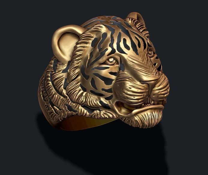 Zyan Gems | Unique Designed Tiger Face Ring |  Gold Micron Plated  Sterling Silver Oxidized Ring