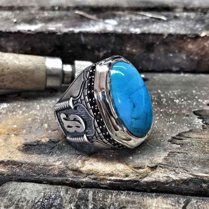 Zyan Gems | Unique Handmade Turkish Style Custom Name Initial Letter Ring with Natural Irani Turquoise (Firoza) |  Sterling Silver Oxidized Ring