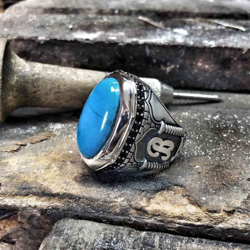 Zyan Gems | Unique Handmade Turkish Style Custom Name Initial Letter Ring with Natural Irani Turquoise (Firoza) |  Sterling Silver Oxidized Ring