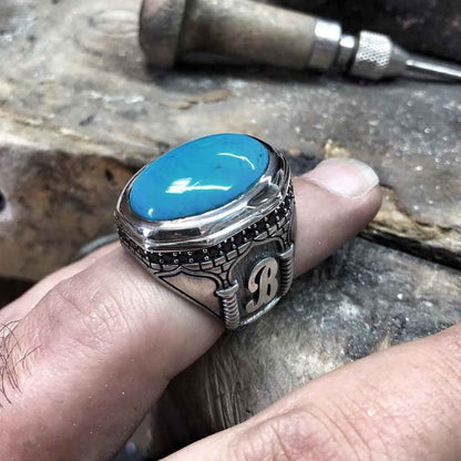 Zyan Gems | Unique Handmade Turkish Style Custom Name Initial Letter Ring with Natural Irani Turquoise (Firoza) |  Sterling Silver Oxidized Ring