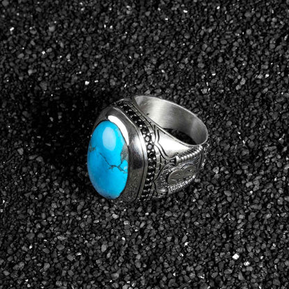 Zyan Gems | Unique Handmade Turkish Style Custom Name Initial Letter Ring with Natural Irani Turquoise (Firoza) |  Sterling Silver Oxidized Ring