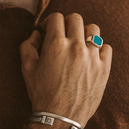 Zyan Gems | Classic Signet Ring with Natural Blue Turquoise |  Sterling Silver Ring