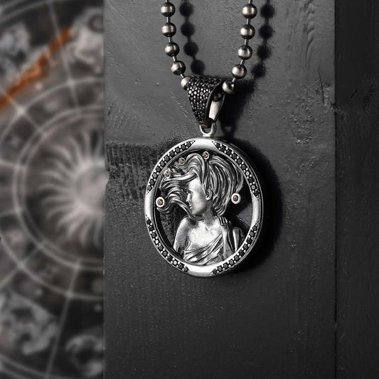 Zyan Gems | Unique Virgo Zodiac Designed Pendant Studded with Black Zircons | Unisex  Sterling Silver Oxidized Pendant