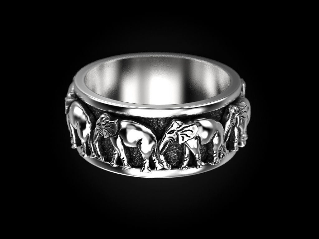 Zyan Gems | Antique Designed Elephant Band Ring |  Sterling Silver Oxidized Ring