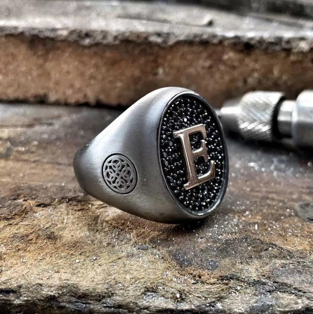 Zyan Gems | Exclusive Personalized Name Initials Ring Studded with Black Zircon | Sterling Silver  Ring | Jewelry for Men