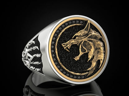 Zyan Gems | Unique Designed Wolf Witcher Face Ring |  Sterling Silver Oxidized Ring Studded with Black Zircons stones