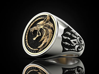Zyan Gems | Unique Designed Wolf Witcher Face Ring |  Sterling Silver Oxidized Ring Studded with Black Zircons stones