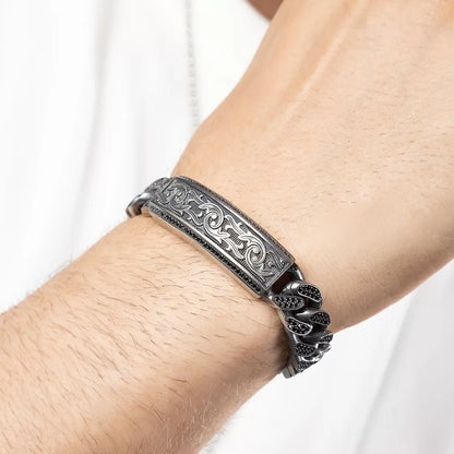 Zyan Gems | 16mm Unique Hand Engraved Black Iced Cuban Link Bracelet for Men | Dark Oxidized  Silver Bracelet