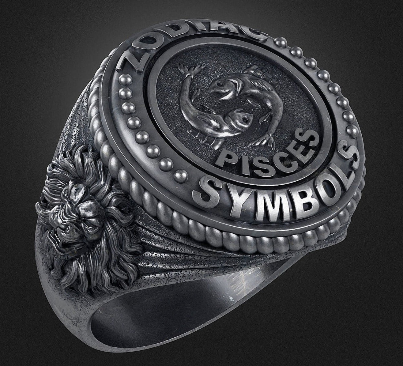 Zyan Gems | Unique Designed Pisces Zodiac Ring with Lion |  Sterling Silver Oxidized Ring