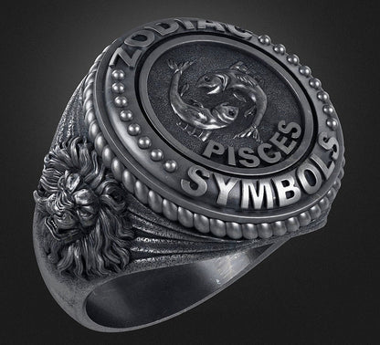 Zyan Gems | Unique Designed Pisces Zodiac Ring with Lion |  Sterling Silver Oxidized Ring