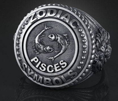 Zyan Gems | Unique Designed Pisces Zodiac Ring with Lion |  Sterling Silver Oxidized Ring