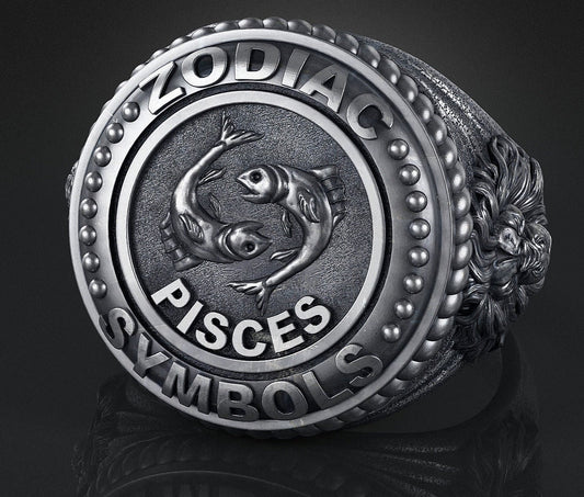 Zyan Gems | Unique Designed Pisces Zodiac Ring with Lion |  Sterling Silver Oxidized Ring