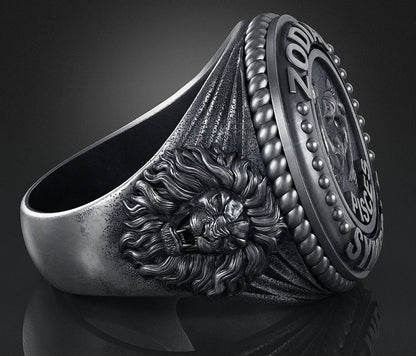 Zyan Gems | Unique Designed Pisces Zodiac Ring with Lion |  Sterling Silver Oxidized Ring